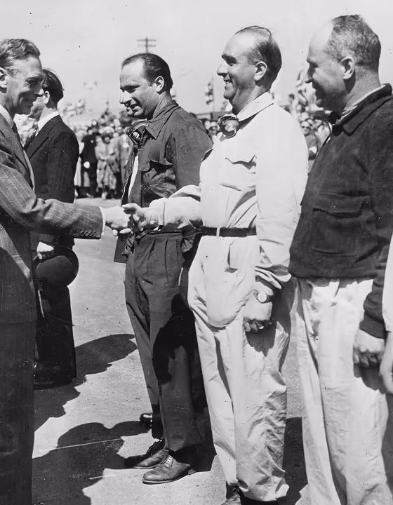 GP 500 Pirelli in Formula 1 - Re Giorgio VI insieme a Juan Manuel Fangio,Giuseppe “Nino” Farina e Luigi Fagioli, primi classificati nelle qualifiche - Gran Bretagna 1950