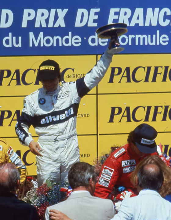 GP 500 Pirelli in Formula 1 - Podio: secondo classificato Keke Rosberg su Williams, vincitore della gara Nelson Piquet su Brabham e terzo classificato Alain Prost su McLaren - Francia 1985